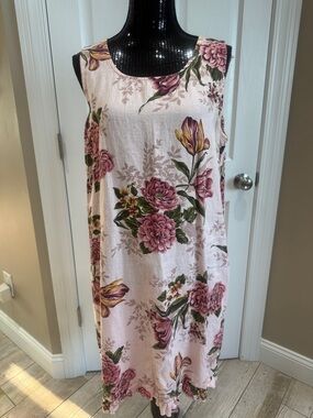 Sleeveless Pink Linen Blend Floral Shift Dress